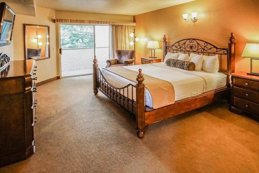 Una habitación de hotel con una cama grande, una silla, un escritorio y un televisor.