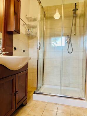 Shower, hair dryer, bidet, towels