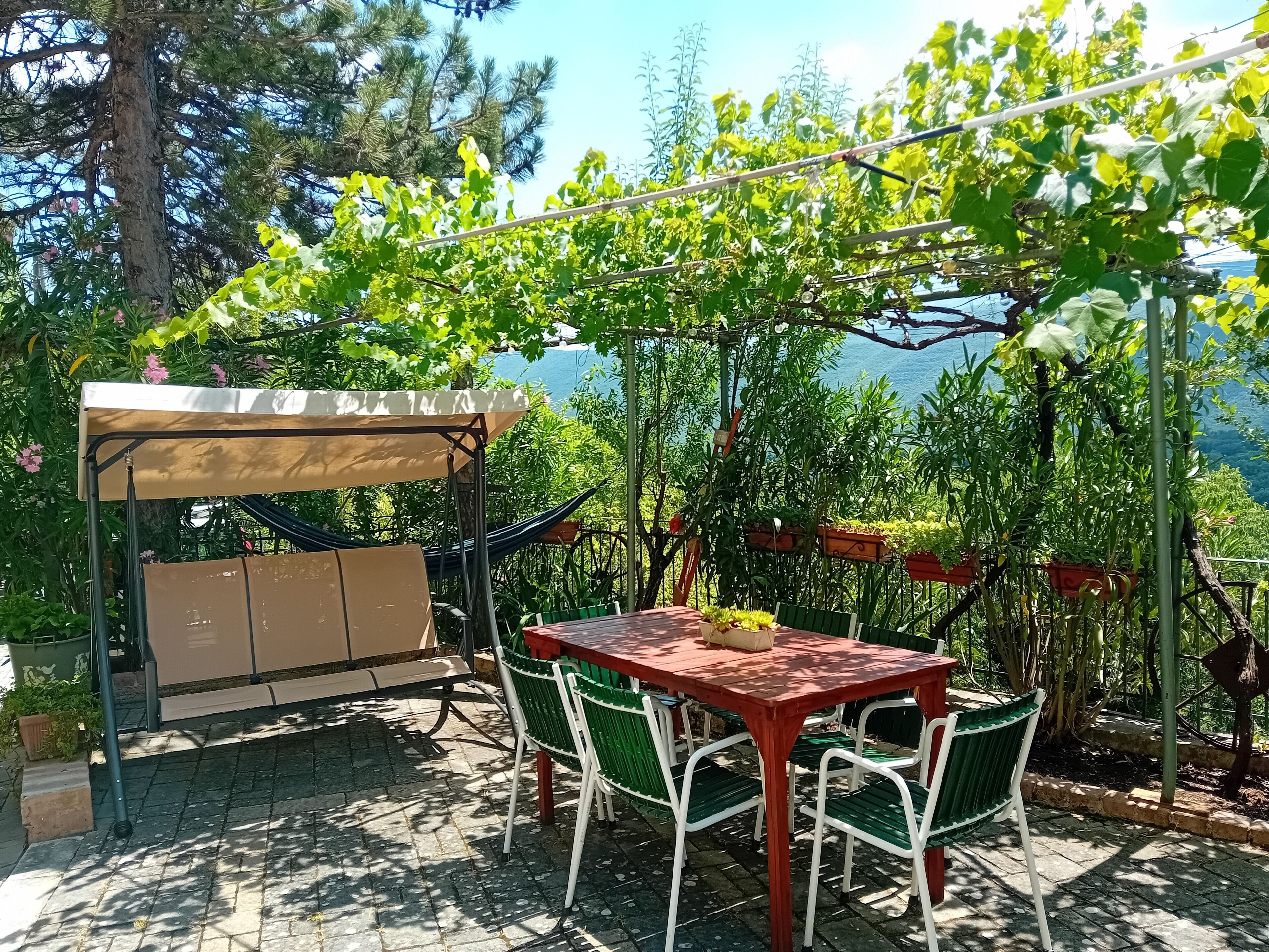 A patio with a table and chairs, a hammock, and a pergola with climbing plants.