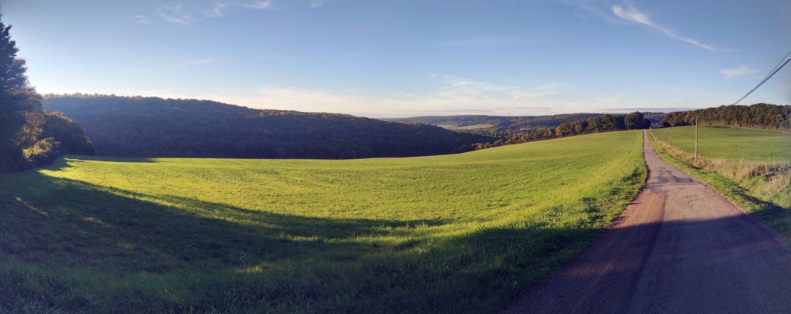 A rural landscape with a dirt road leading through a green field towards a hilly area.
