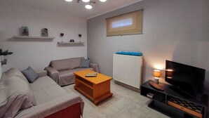 Una sala de estar con un sofá, una mesa de centro, un televisor y un radiador.