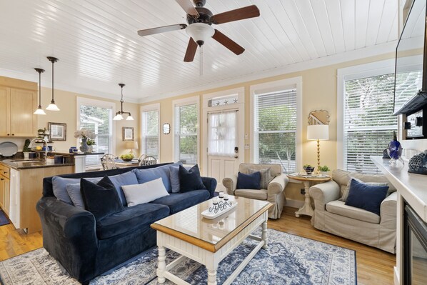 Smart TV, fireplace, DVD player, books