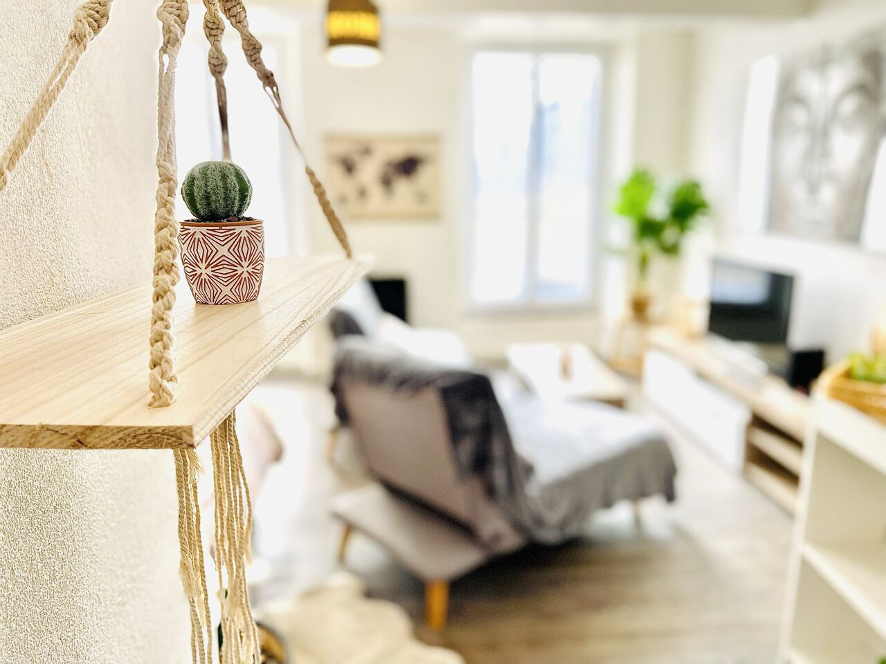 A cozy living room with a bed, a wooden shelf with a cactus, and a TV.