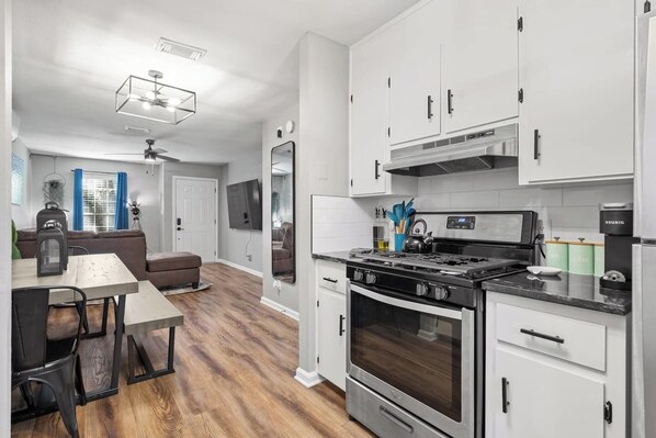 Fridge, microwave, oven, stovetop