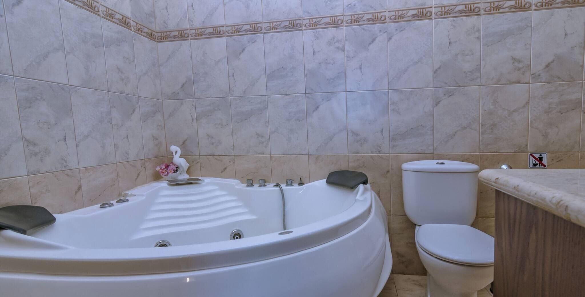 Une salle de bain comprenant une baignoire sur pieds, des toilettes et un espace douche.