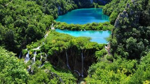 A lush, green forested area with a turquoise lake and waterfalls.