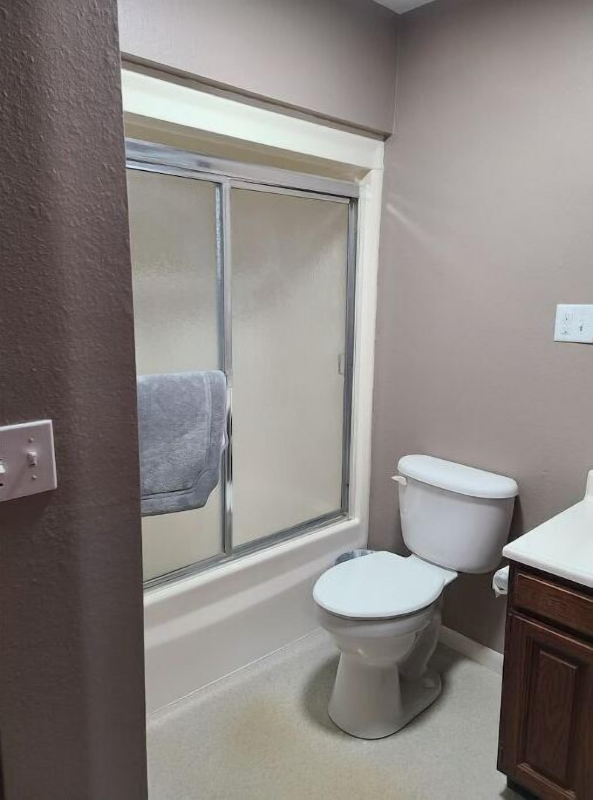 Hair dryer, towels, soap, toilet paper