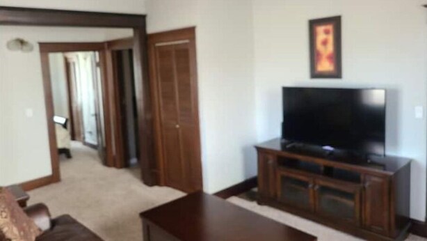 A living room with a dark wooden coffee table, a brown sofa, and a television on a wooden stand. - Comfy bungalow (Carthage)