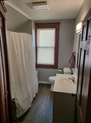Hair dryer, towels, soap, toilet paper