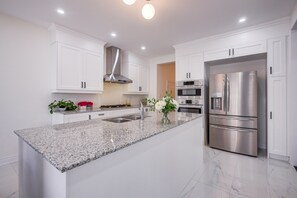 Executive House | Private kitchen | Full-sized fridge, microwave, oven, stovetop - Aaira Suites Luxury Villa (Brampton)