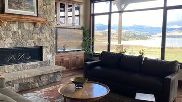 Smart TV, chimenea, reproductor de DVD y libros