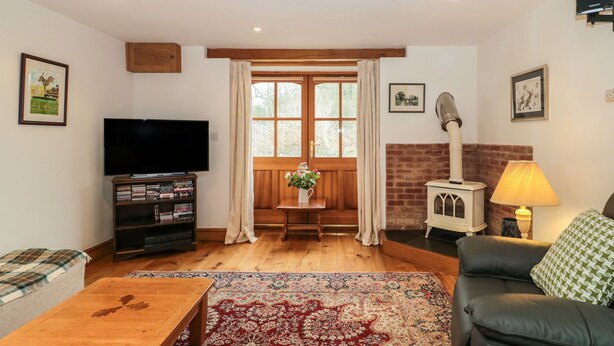 Un salon confortable avec une télévision, une cheminée, un canapé et une table basse.