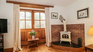 Una sala de estar acogedora con suelo de madera, chimenea, televisión y ventana con cortinas.