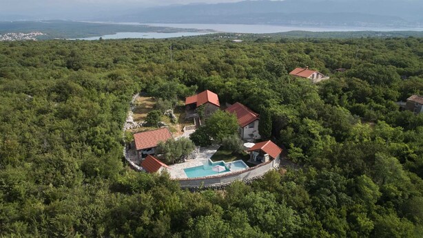 Vista aérea de una villa aislada con piscina, rodeada de un bosque denso y con vistas a un lago.