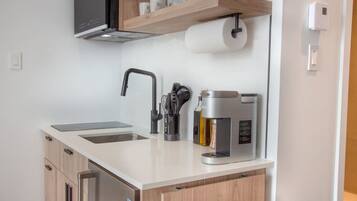 Microwave, stovetop, coffee/tea maker, toaster