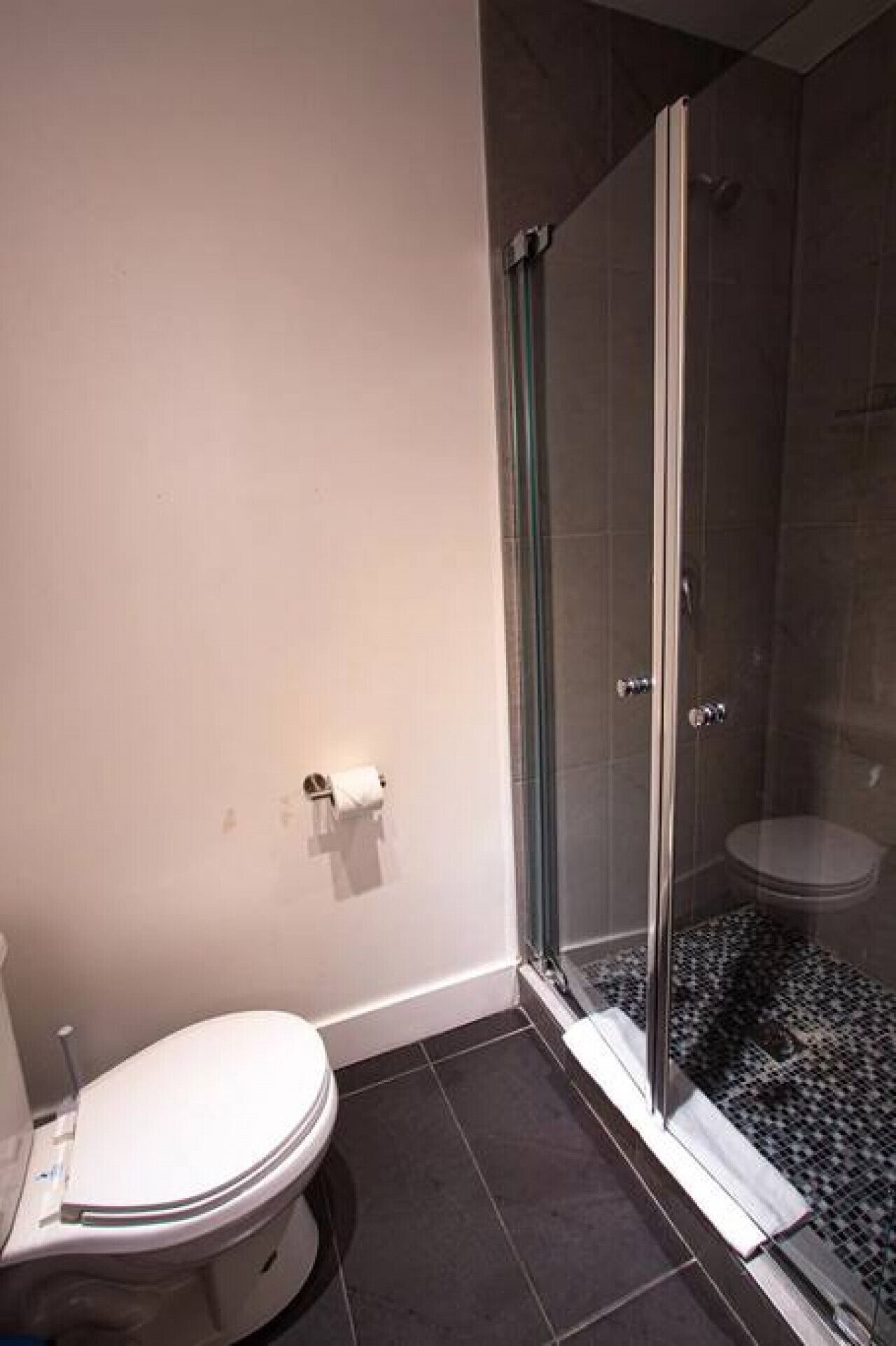 A bathroom with a toilet, a glass shower enclosure, and a tiled floor.