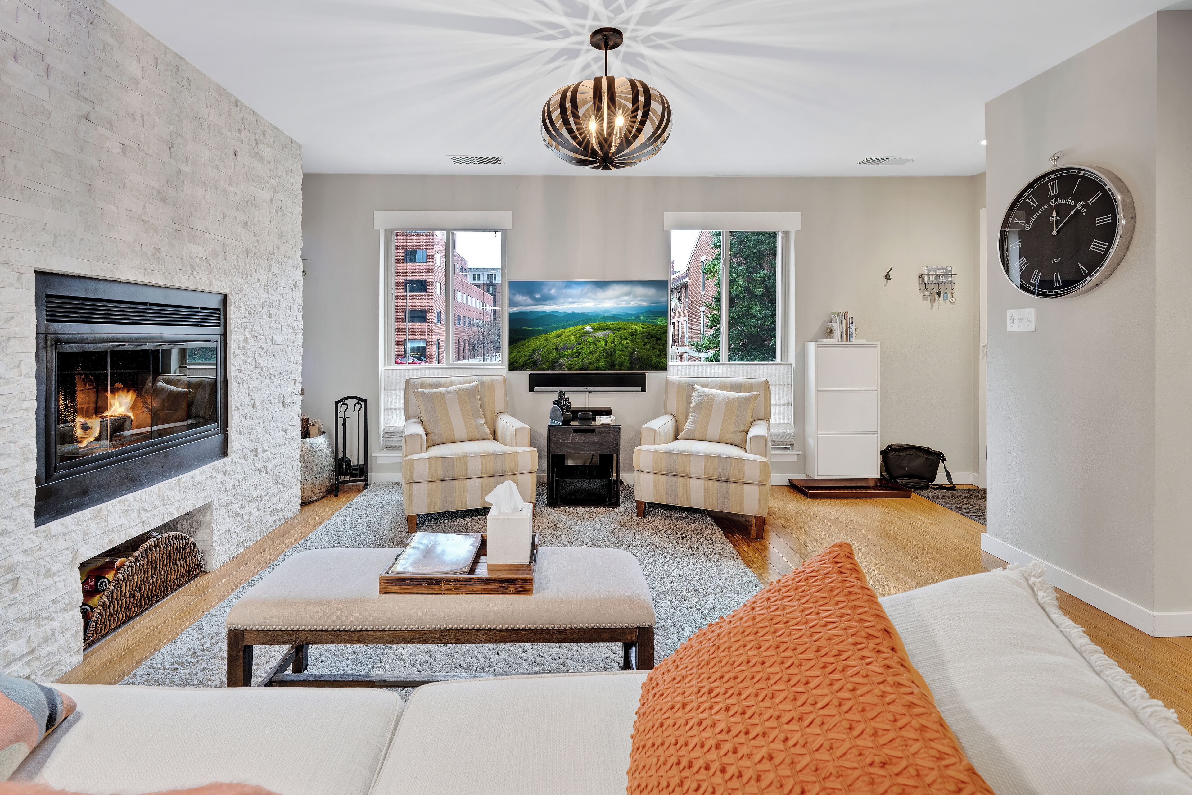 Smart TV, fireplace, DVD player, books