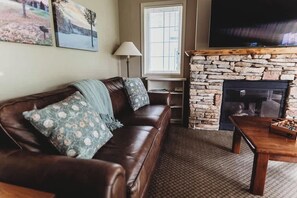 Télévision, cheminée, espaces bureaux