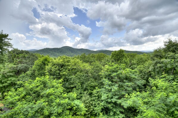 Escape to a serene forest retreat surrounded by lush greenery and rolling hills.