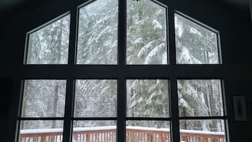 A room with large windows offering a view of a snowy forest.