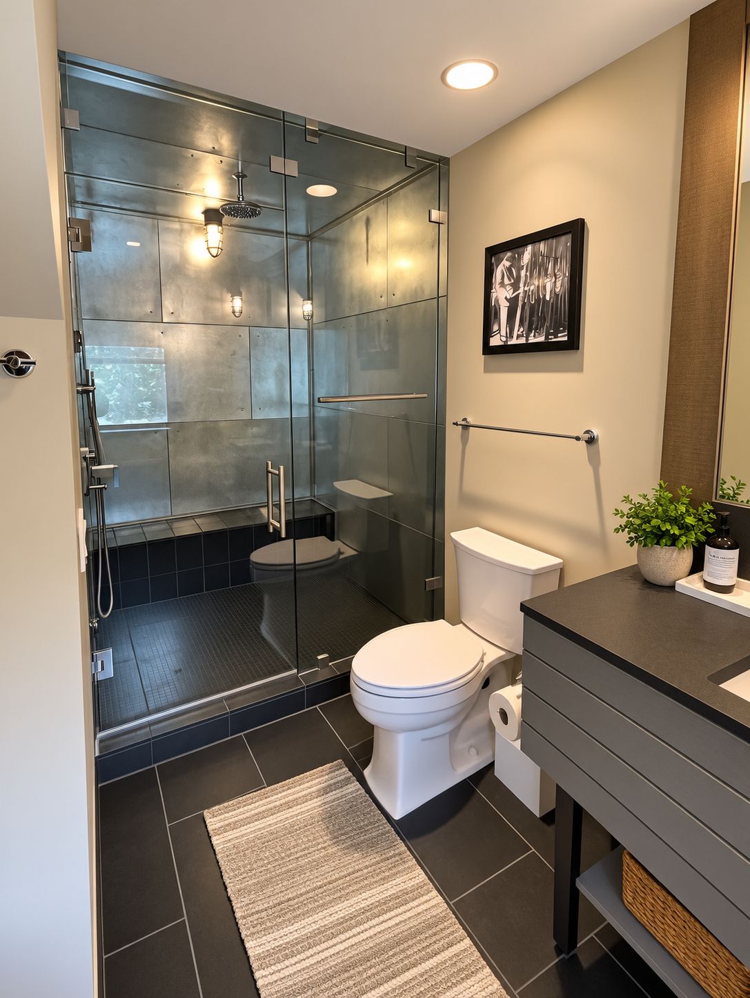A modern bathroom with a glass-enclosed shower, a toilet, and a sink area.