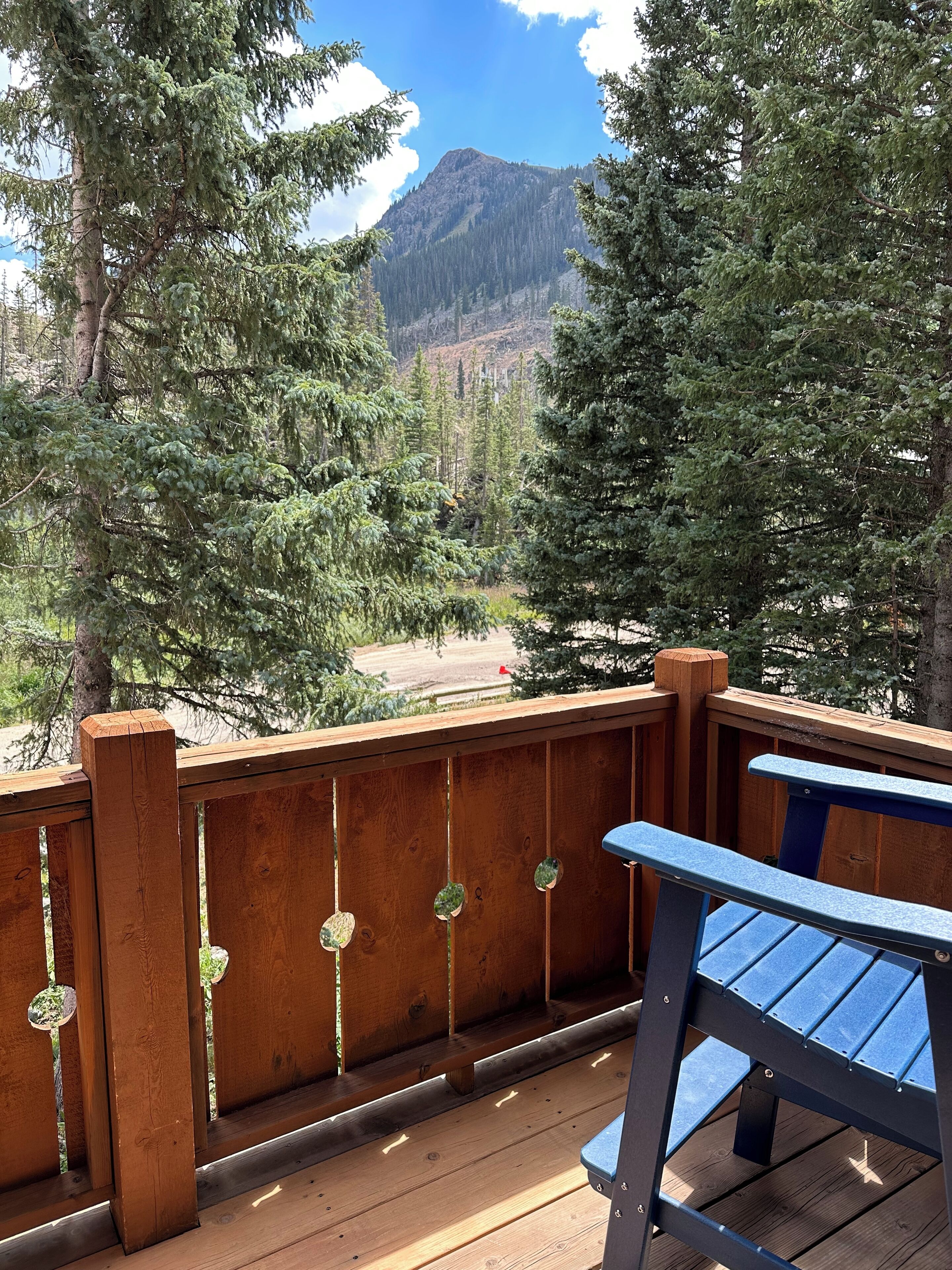 A wooden deck with a blue bench, overlooking a forested area with a mountain in the background.