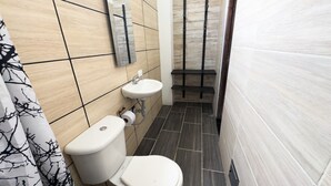 A bathroom with a toilet, sink, and shower area.