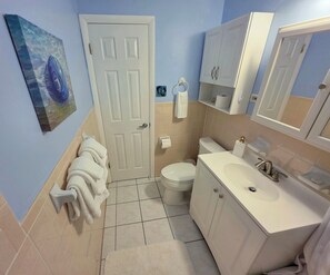 Une salle de bain comprenant des toilettes, un lavabo, un meuble de rangement, un porte-serviettes et une porte.