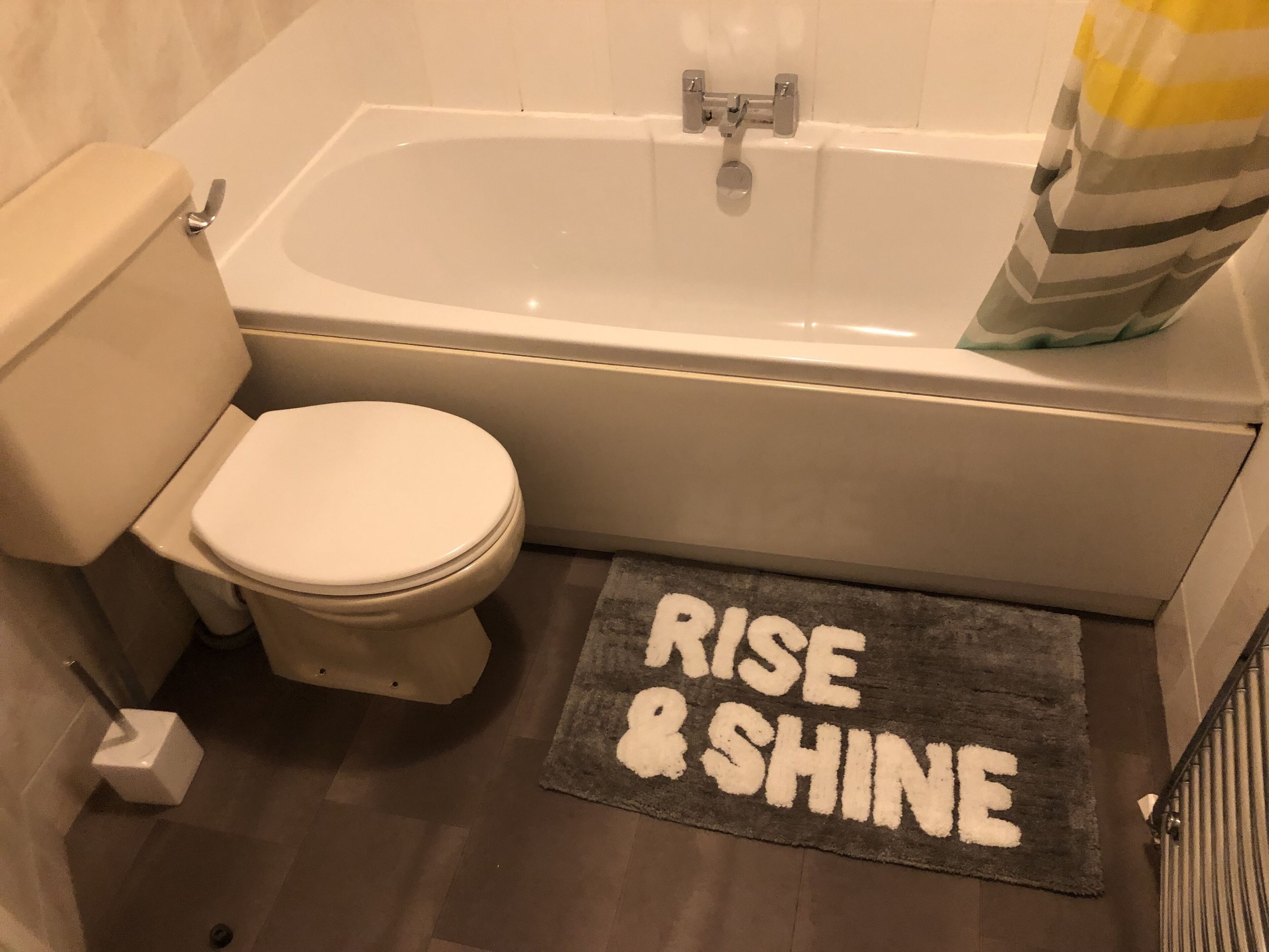 A bathroom with a white toilet, a bathtub, and a rug with the words "RISE & SHINE".