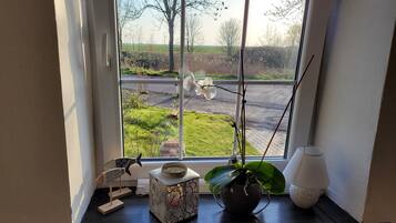 Ein Fenster mit Blick auf eine Straße und Grünflächen, ein dekorativer Fächer, ein Blumentopf und ein kleiner Tisch mit Kerzenhalter.