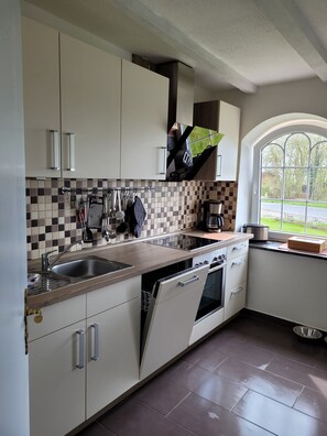 Fridge, stovetop, dishwasher, coffee/tea maker