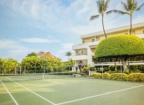Una cancha de tenis con red, rodeada de vegetación y palmeras.