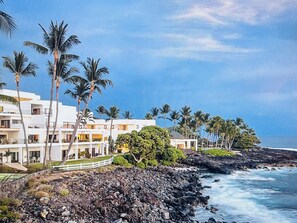 Un hotel frente al mar con varias construcciones blancas, palmeras y una costa rocosa.