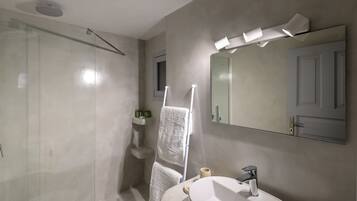 Hair dryer, bidet, towels, soap