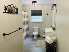 Une salle de bain équipée de toilettes, d’un lavabo et d’un rideau de douche.