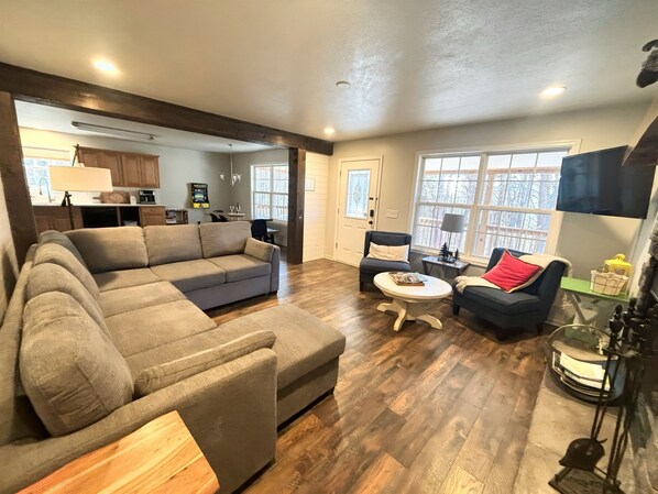 Smart TV, fireplace, video games, foosball