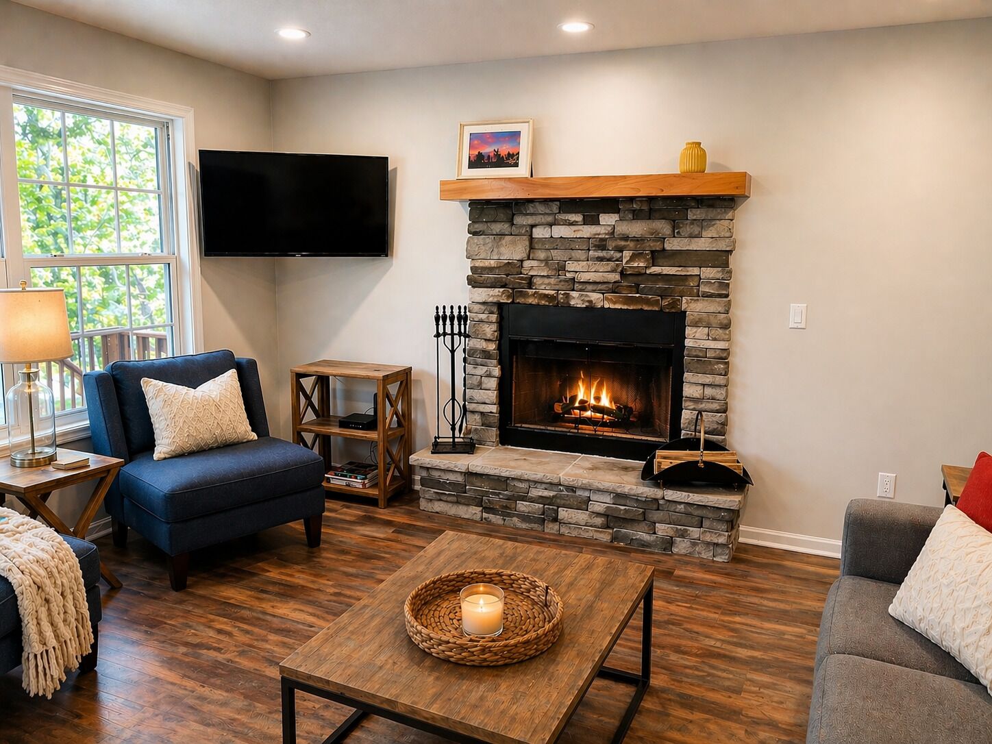 Smart TV, fireplace, video games, foosball