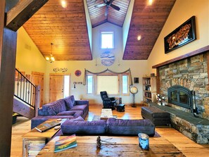 Smart TV, fireplace, books