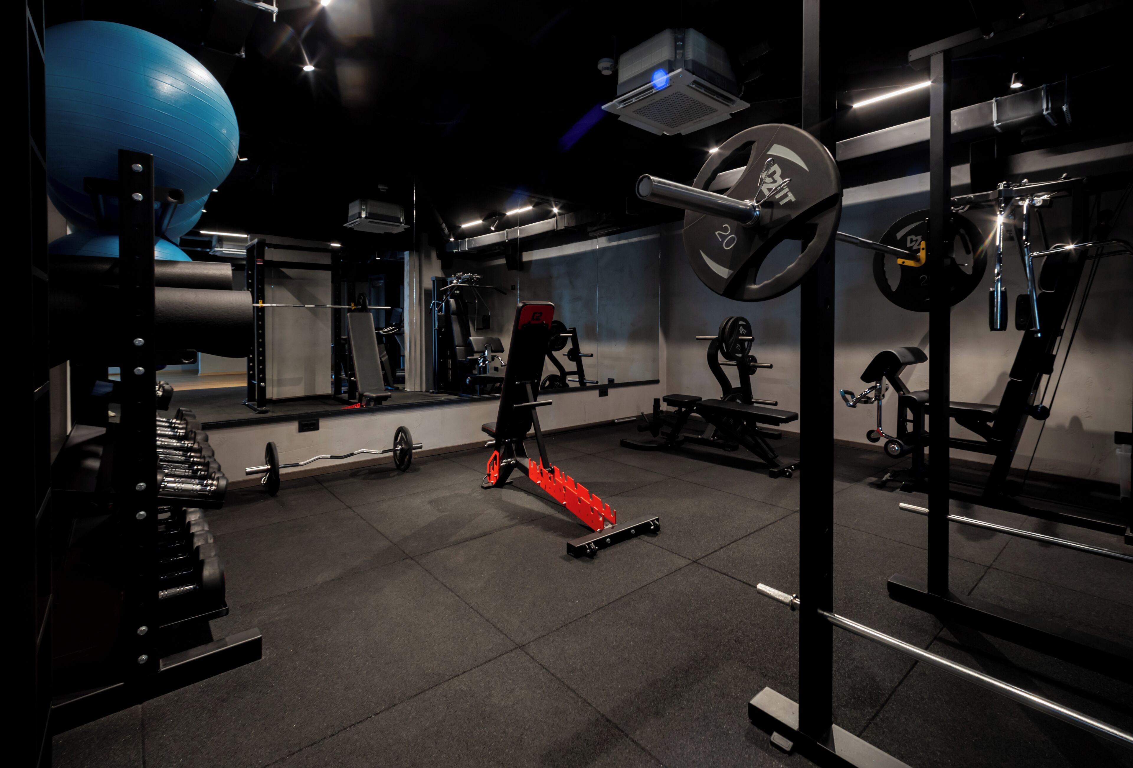 Une salle de sport équipée de matériel d’exercice, avec un ballon d’exercice bleu et un porte-poids.