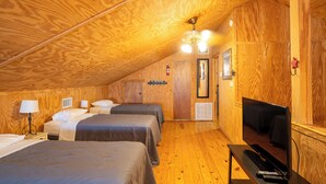 A cozy attic bedroom with two beds, a television, and wooden walls. - Spacious home with a great view! (Concan)