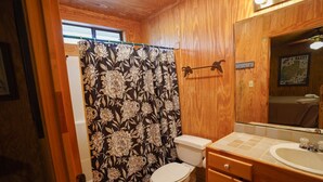 A bathroom with a wooden interior, a toilet, a sink, and a mirror. - Walking distance to the Frio River, access to shared pool (Concan)