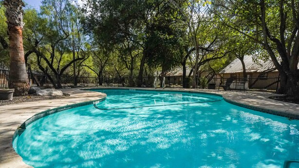 Una piscina rodeada de árboles y una valla.