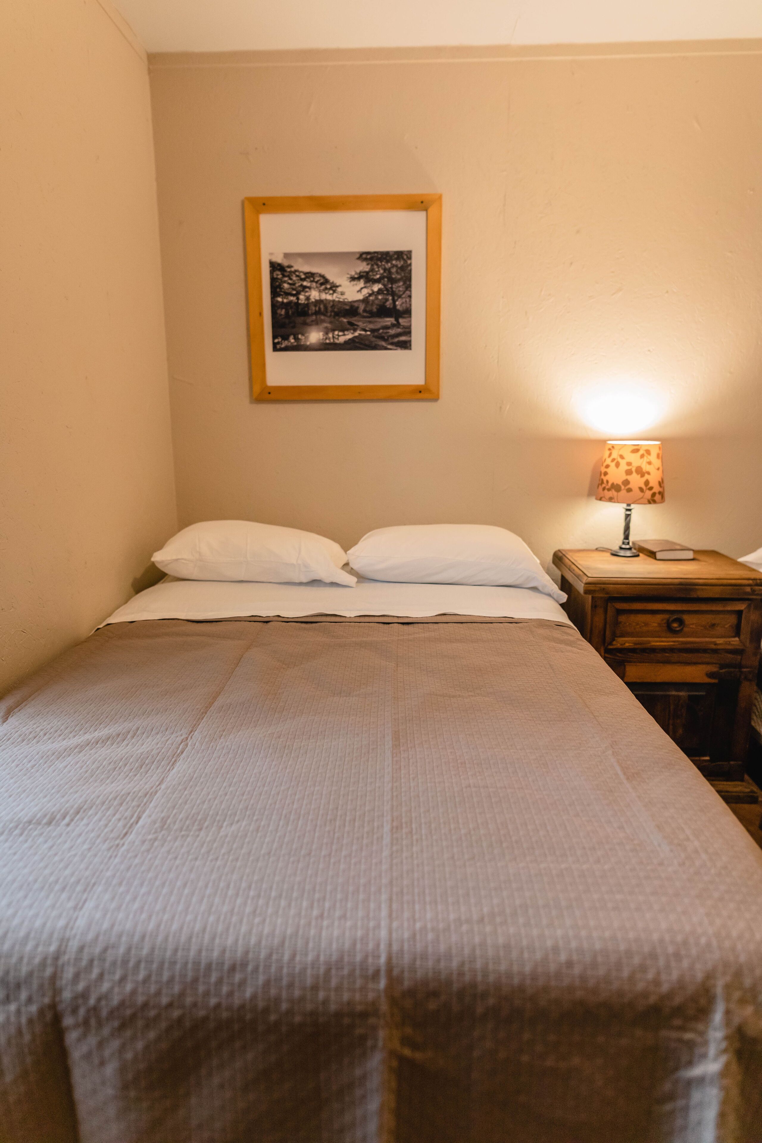 A neatly made bed with a white comforter and pillows, a wooden nightstand with a lamp and a book, and a framed picture on the wall.