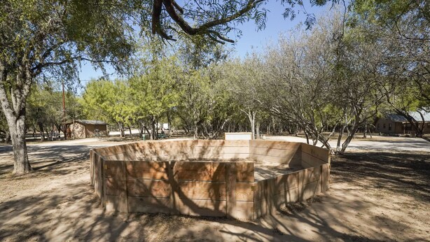 Una panchina di legno in un parco, con alberi e un edificio sullo sfondo.