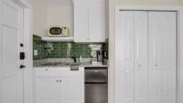 Fridge, microwave, coffee/tea maker, toaster