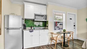 Fridge, microwave, coffee/tea maker, toaster