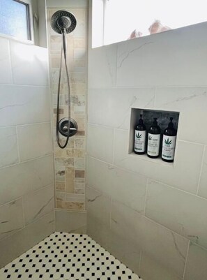 Hair dryer, towels, soap, shampoo