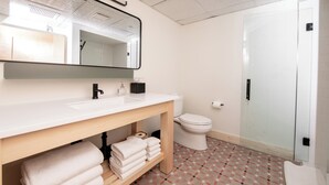 A modern bathroom with a white sink, black faucet, and a mirror above it. There is a toilet next to the sink and a glass shower enclosure. The floor has a geometric tile pattern. - Flat 304 Front and Union (Traverse City)