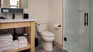 A modern bathroom with a white sink, toilet, and glass shower enclosure. - Flat 301 Front and Union (Traverse City)