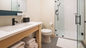 A modern bathroom with a glass-enclosed shower, a white sink, and a toilet. - Flat 203 Front and Union (Traverse City)